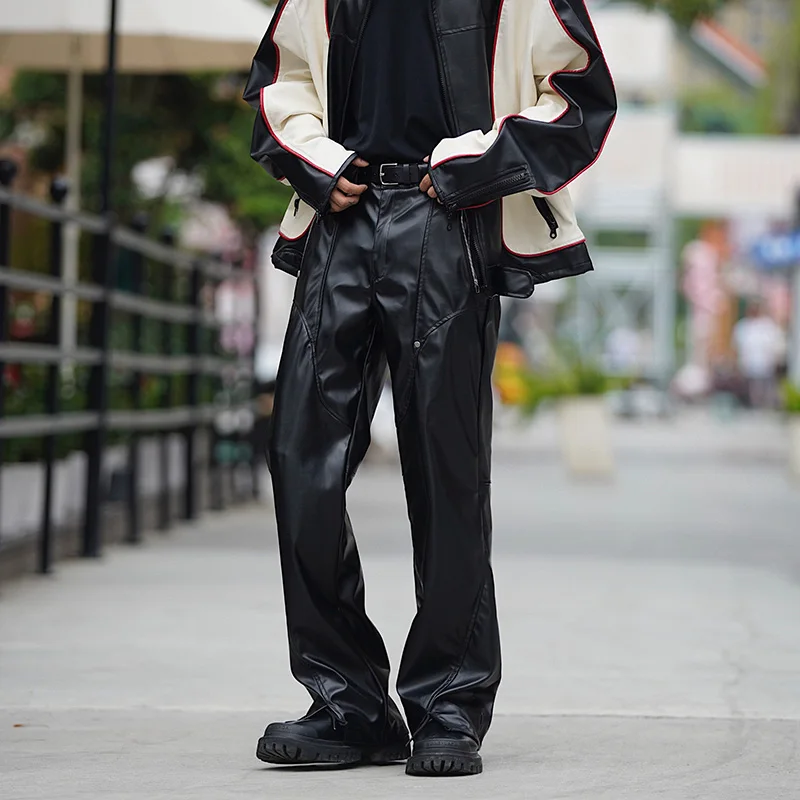 Autumn Winter Men's Leather Motorcycle Pants Black Punk PU Pants Men Women Straight Mopping Trousers Streetwear Waterproof