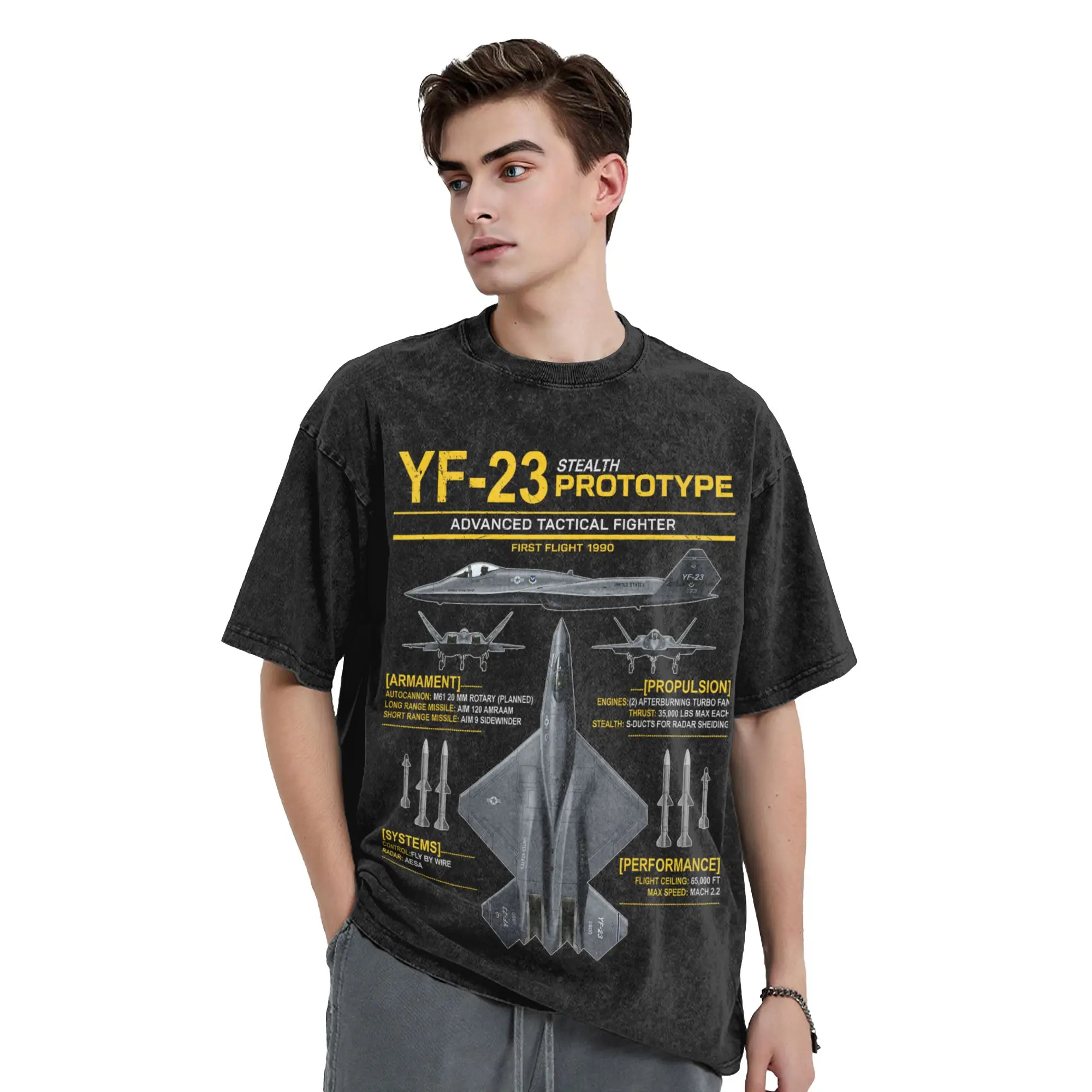 YF-23 Stealth Fighter Military Jet Spec Infographic Yellow Simple T-Shirts  Novelty Tshirt for Male Summer  Fun Casual Top Tees