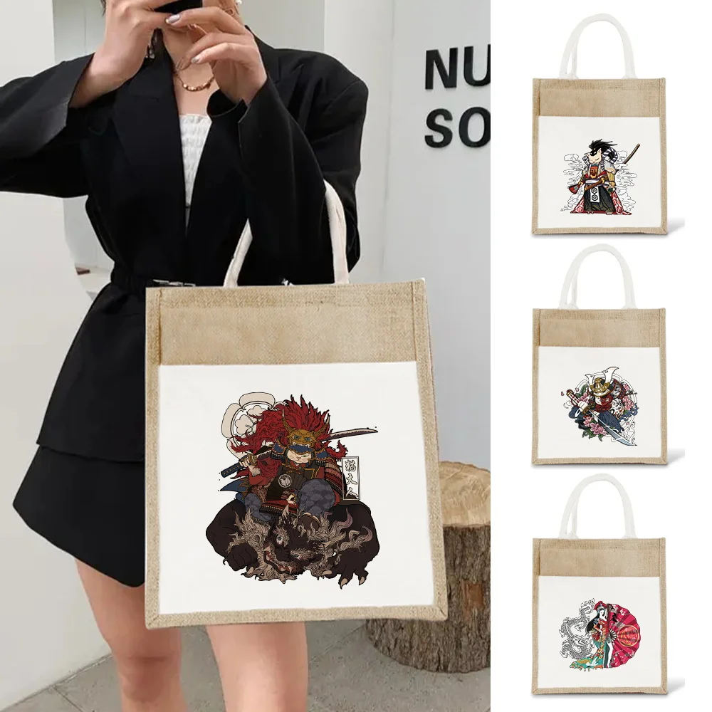 Jute Bag Reusable Shopping Bag Lightweight Beach Handbags Shopper Purses Samurai Pattern High Capacity Top Handle Grocery Bags
