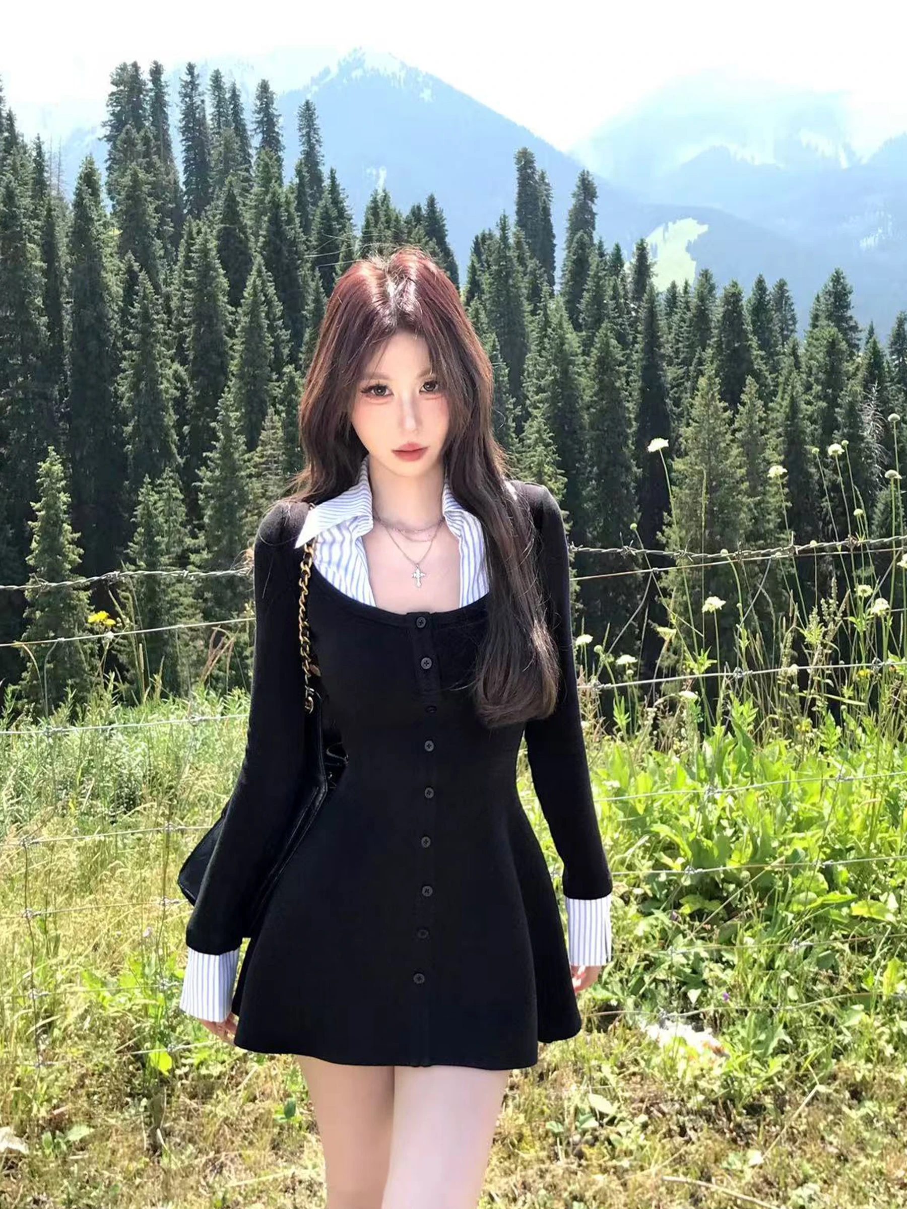 

Вязаное платье Mejiu Honey Nine с длинными рукавами и завышенной талией, женское, осеннее, с эффектом двухслойности, для вечерних танцев