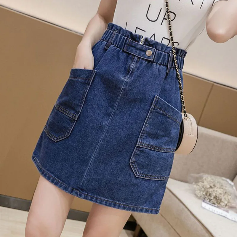 Biyaby Womens Korean Style Jean Mini Skirt Vintage Elastic Waist Blue Short Skirt Woman Fashion with Pockets Zipper Denim Skirt