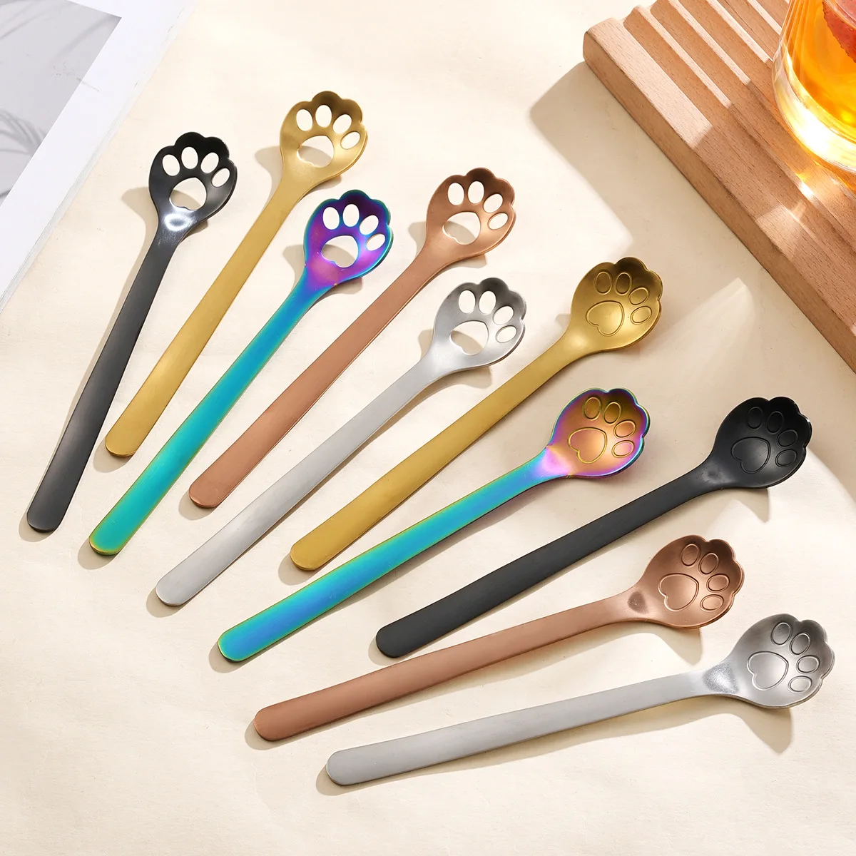 2pcs Creative Cat Dog Claw 304 Stainless Steel Spoon Hollow For Ice Cream Coffee Tea Dessert Spoon Kitchen Tableware Accessories