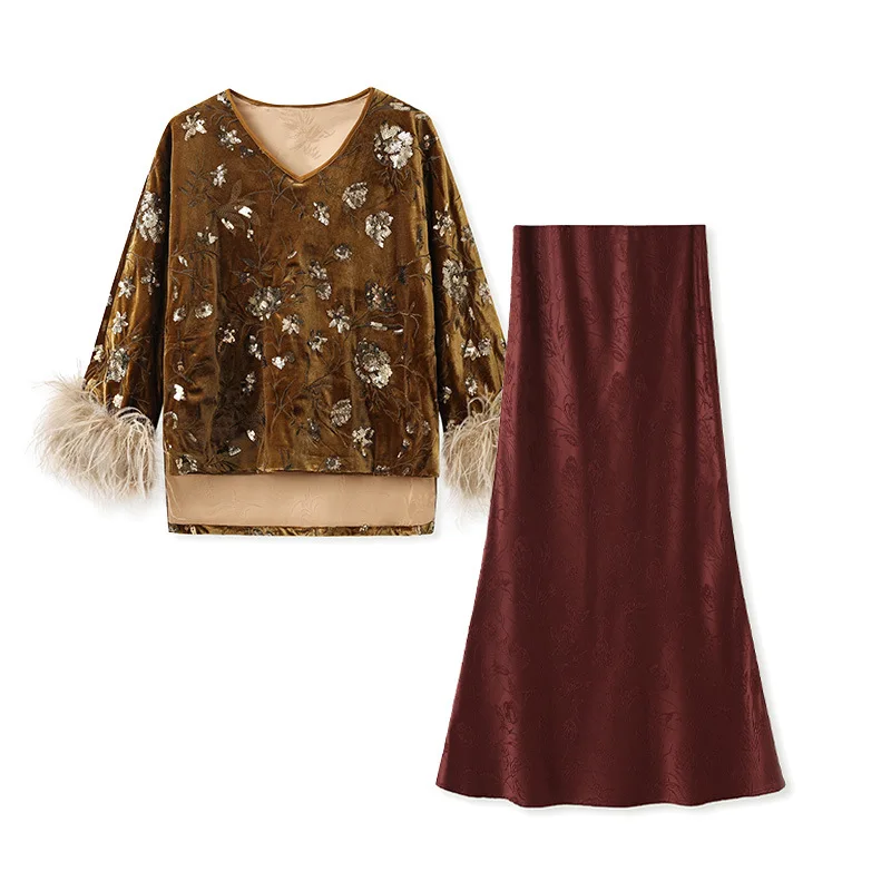 2025 Winter Feather Cuff Blouse Set, Chinese Sleeve Embroidery Sequin Top with Skirt Women's Elegant Two Piece