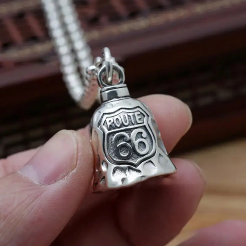 New Retro Silver Color Route 66 Fashion Creative Men and Women Bell Pendant Sweater Chain Motorcycle Pendant Gift