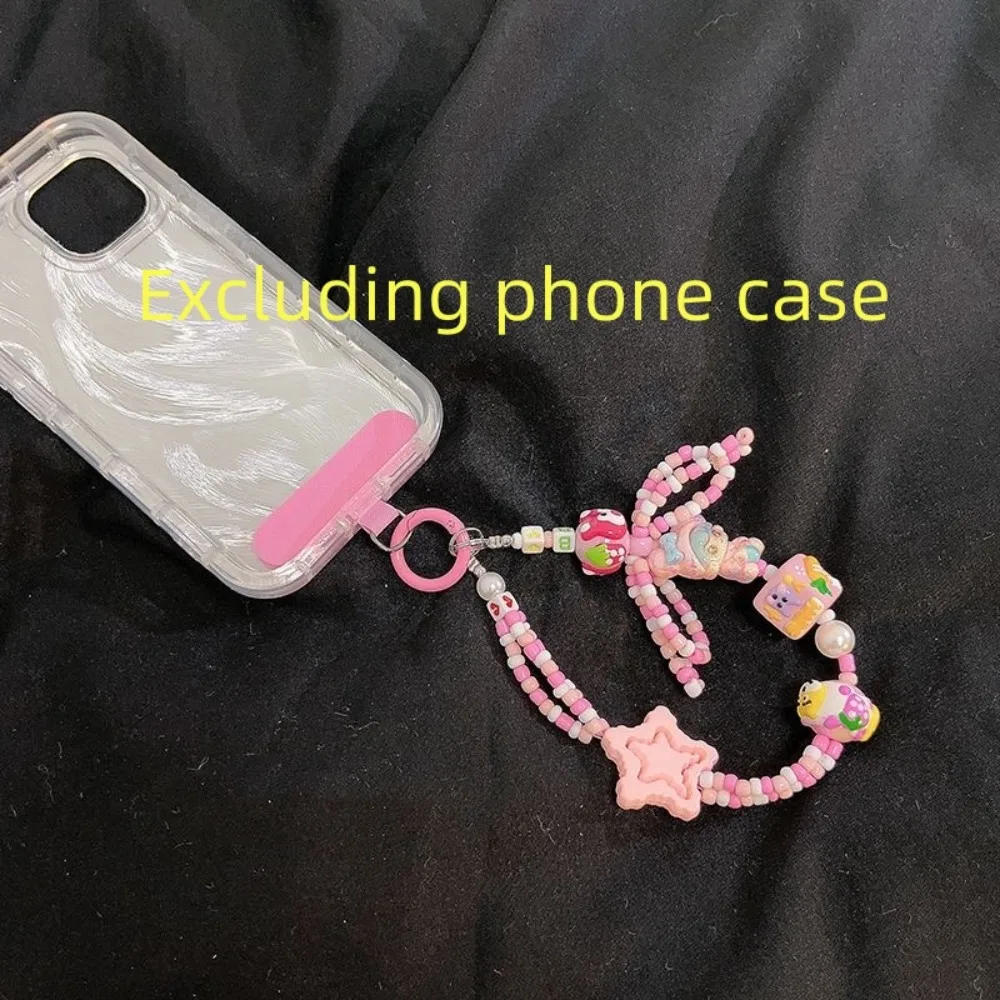 Dopamine Girl Pink Star Bow Beaded Bracelet, Phone Case Hanging Rope, Keychain Bracelet and Short Jewelry Accessories Combined