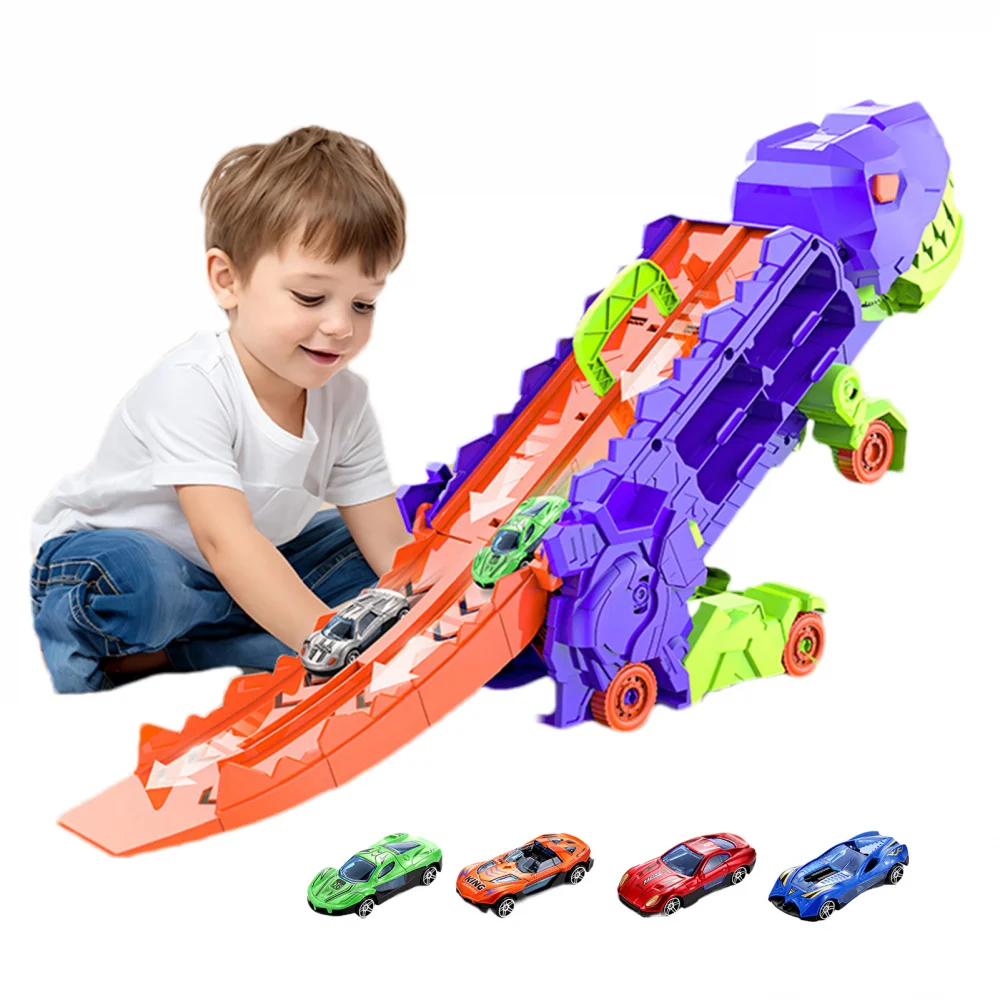 

Transformed Dinosaur Truck Toy Dinosaur Deform Hauler Track Car Toys Dinosaur Garage Transporter with 4 Toy Vehicles