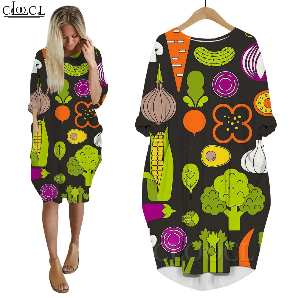 

CLOOCL Women Long Sleeve Dresses Harajuku Thanksgiving Clothing Pumpkin Pepper Beet Carrot Graphic 3D Printing Vegetables Dress