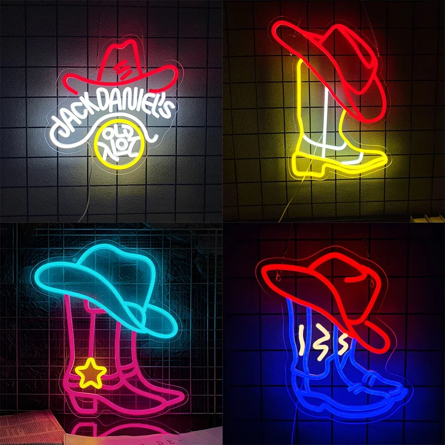 

Usb Powered, Used For Bedroom, Club, Game Room, Bar, Man Cave Decor，Hat Series Led Neon Signs, Cowboy Boots Personality Icons.