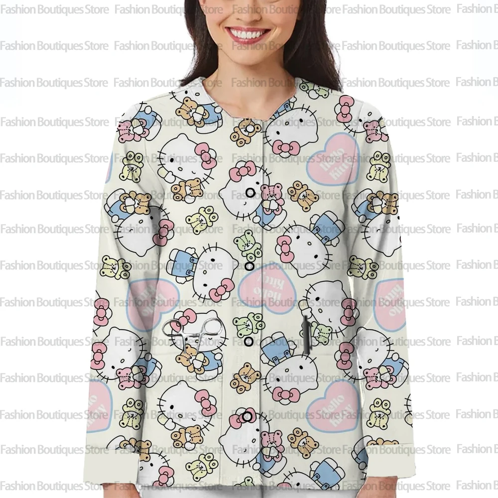 Damska kurtka robocza z długim rękawem i kieszeniami na wiosnę i jesień z motywem Hello Kitty, jednorzędowa, ochronna odzież robocza.