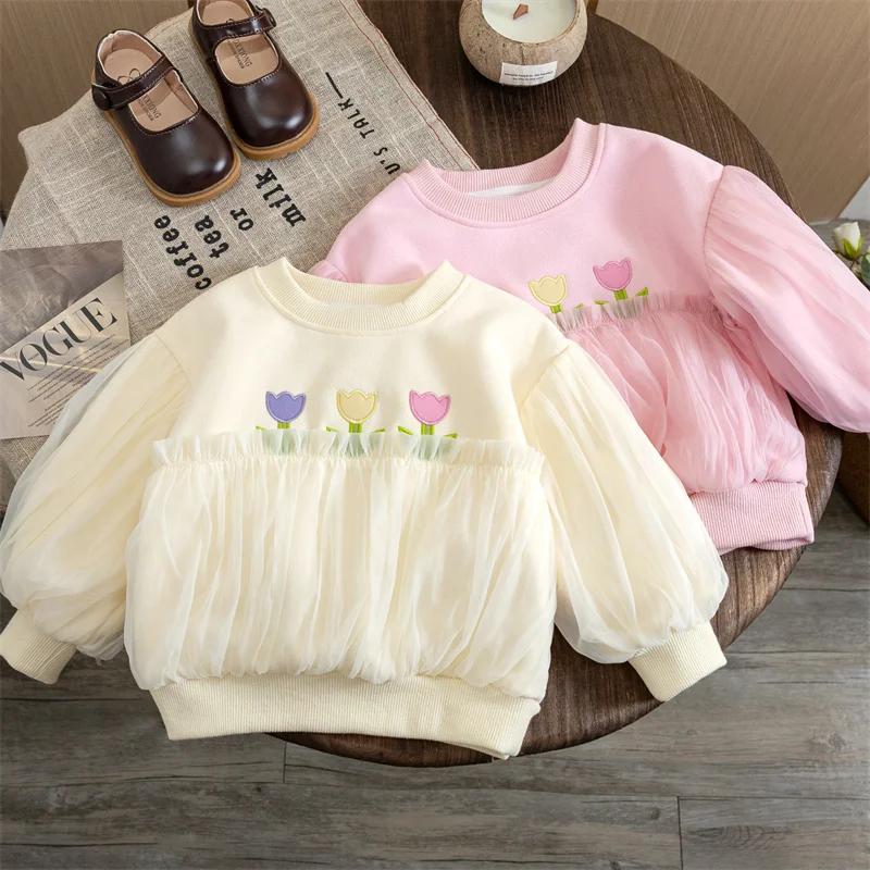 Girls T-shirts 2023 Autumn Winter Tops for Kids Long Sleeve Children Sweatshirts Lace Flower Toddler Pullover Baby Outfits