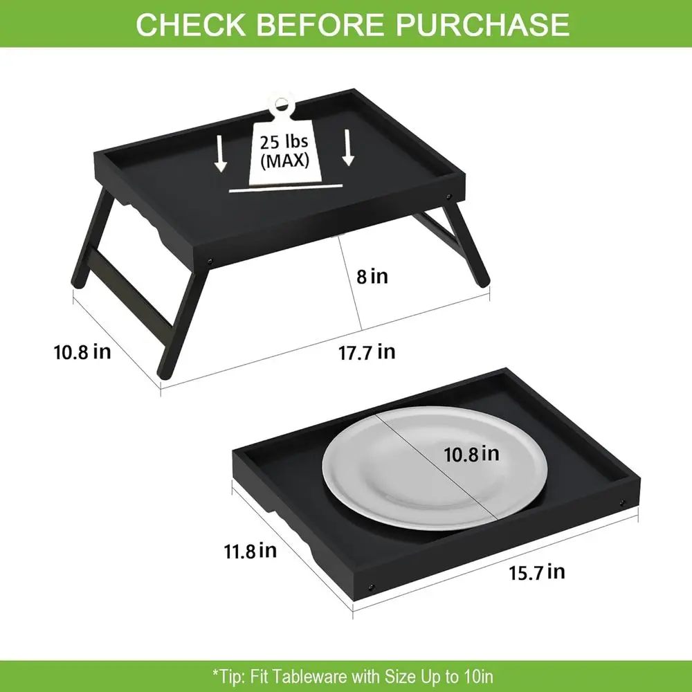 طاولة صينية سرير قابلة للطي من الخيزران، 4 عبوات من صواني تقديم سوداء للإفطار والوجبات الخفيفة واستخدام الكمبيوتر المحمول