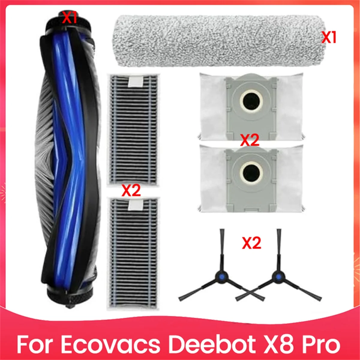 

Vacuum Replacement Parts for Ecovacs Deebot X8 Pro Robot Vacuum Cleaner,Main Side Brush,Dust Bags,Filter,Roller Mop Kit