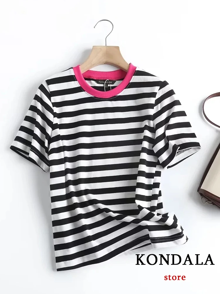 KONDALA Fashion 2023 Summer 100% Cotton Striped T-Shirts Women Short Sleeve O Neck Loose Blouses Vintage Women Tops