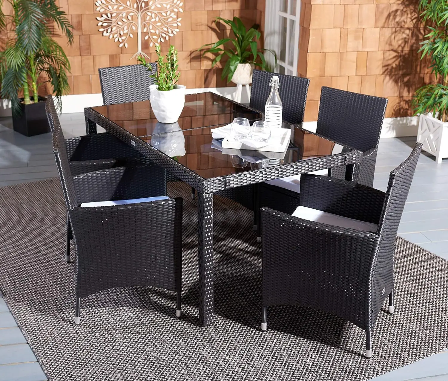 Outdoor Collection Jolin Wicker Cushion 7-Piece Dining Set, Beige/White