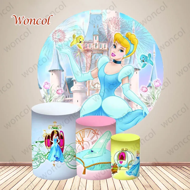 Cinderella Round Backdrop 1st 2nd Girls Birthday Baby Shower Backdrop Cinderella Glass Slipper Cylinder Cover Decor Prop