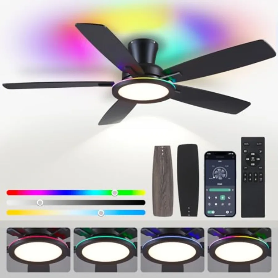 

Indoor and covered outdoor flush mount ceiling fan with RGB light, 52-inch black matte finish, reversible mute motor, dimmable