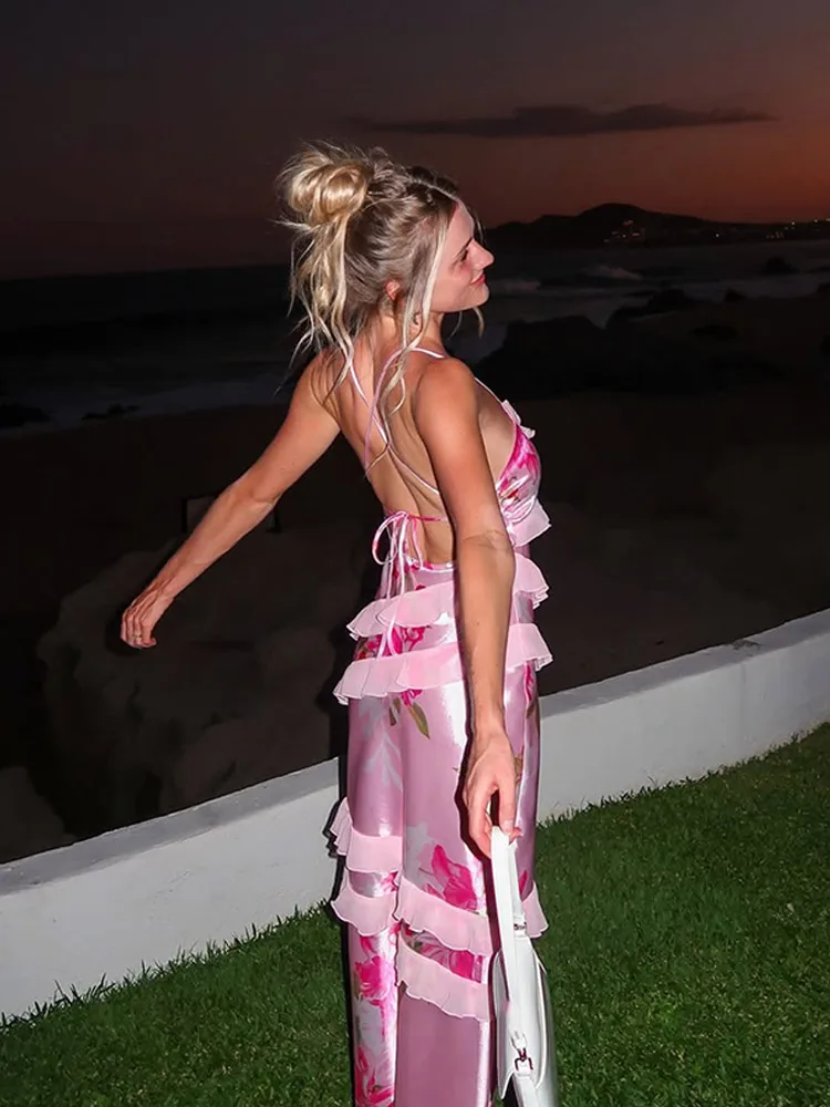 Em camadas babados retalhos vestidos de impressão floral feminino verão com decote em v sem mangas cinta sexy robes elegante vestido de festa à noite