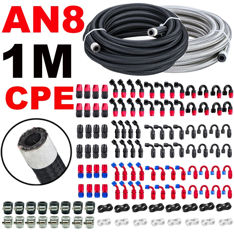 

1M/3.28FT AN8 8AN ID:11mm Car Fuel Hose Oil Gas Line Nylon Stainless Steel CPE Rubber Brake Pipe End Fittings Clamps Separator