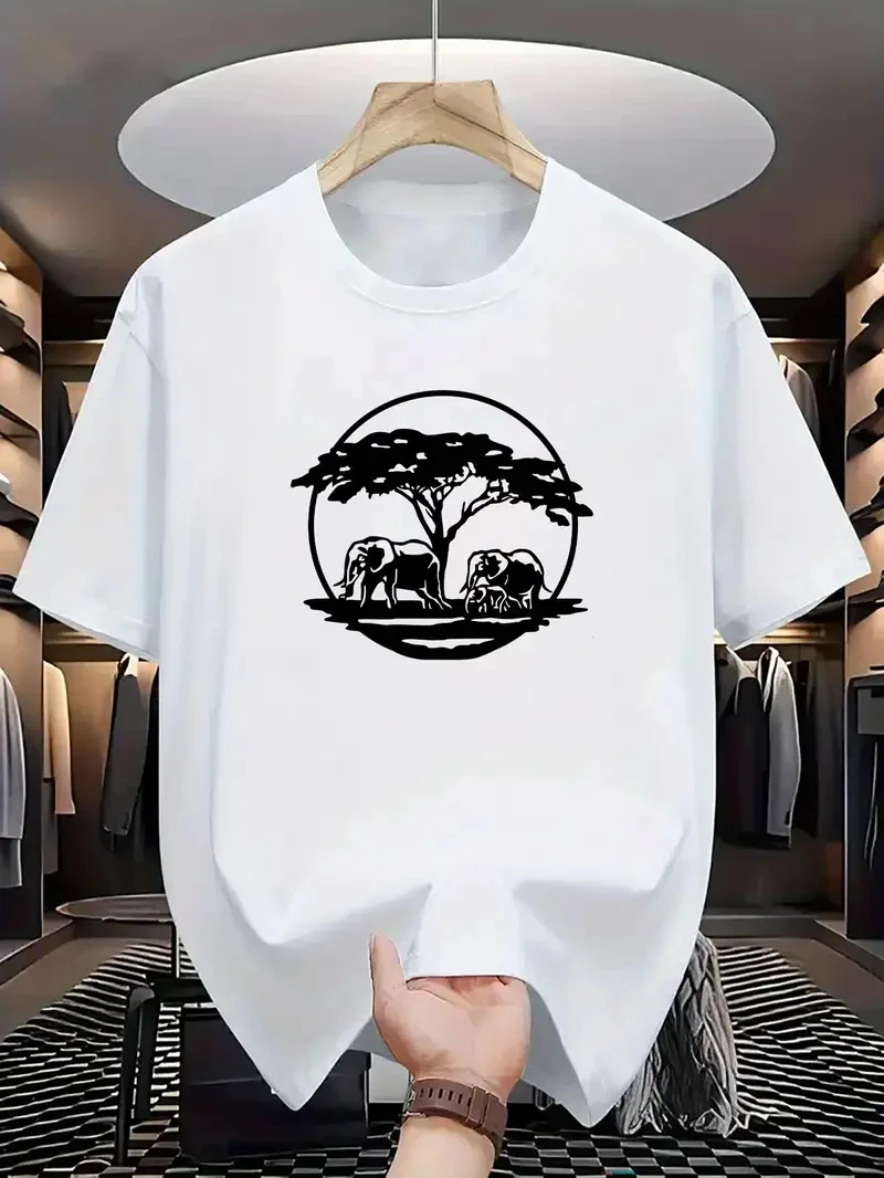 2025 Summer New Men 100% Cotton Short Sleeve Elephant Creative Pattern Casual Breathable Top Outdoor Sports Fitness T-shirt