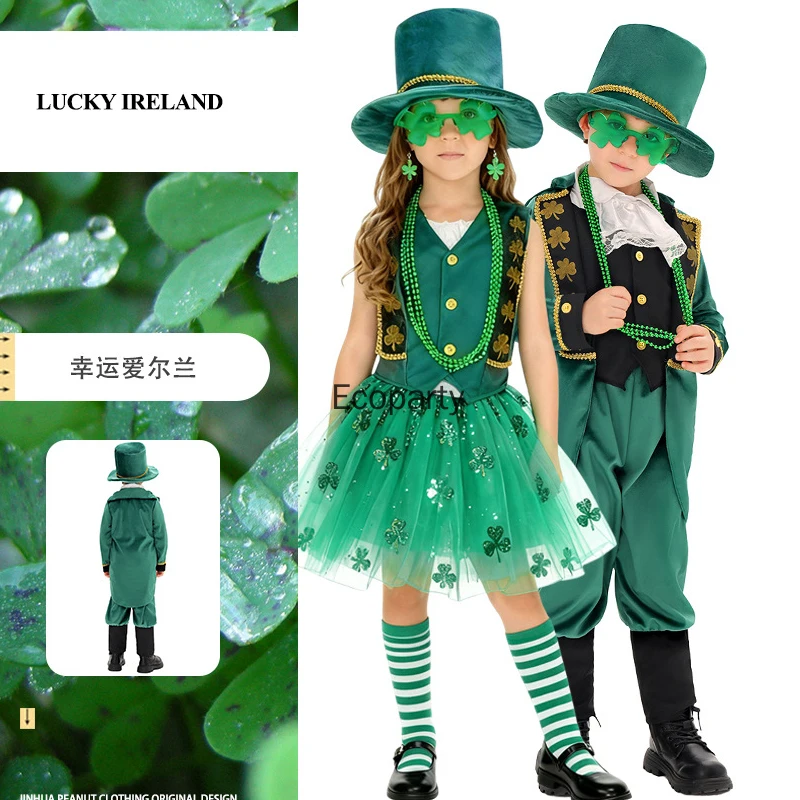 أيرلندا عيد القديس باتريك زي لصبي الفتيات الأيرلندية الجني الأخضر فستان بتصميم حالم الزي الأطفال هالوين كرنفال ملابس للحفلات