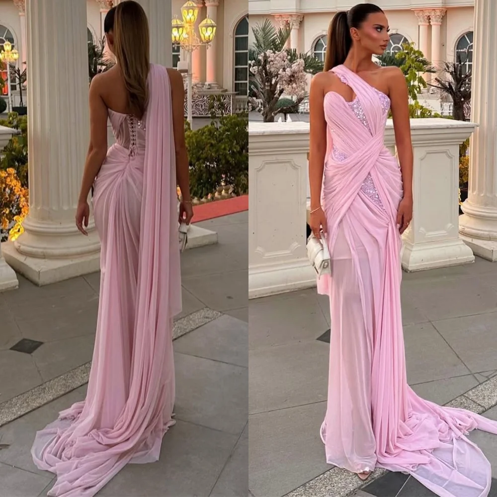 

Customized Charming Pink Chiffon Evening Dress Exquisite One Shoulder Sleeveless Celebrity Gowns Court Train Homecoming Dresses