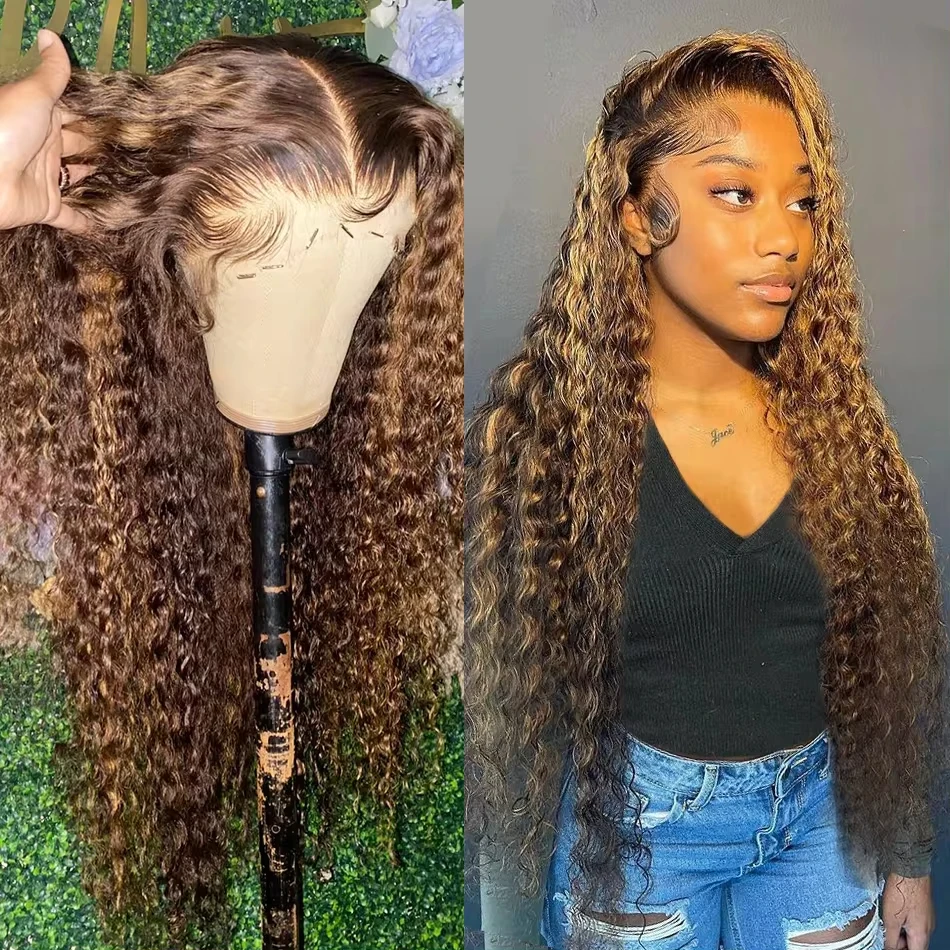 Deep Curly Highlight Wigs Human Hair 13x4 Lace Front Wig Loose Deep Wave #4/27 Honey Blonde Ombre Colored Full Lace Frontal Wigs