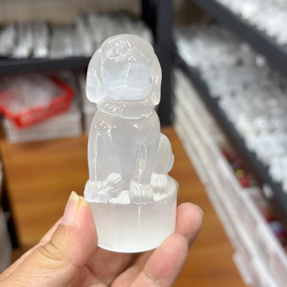 Natural Selenite Dog Figurine Hand‑Carved Crystal Puppy Statue Reiki Healing Stone Home Desk Decoration Animal Collectible Gift