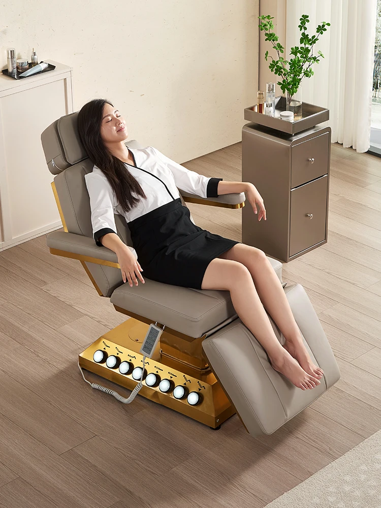 

Luxury Beauty Salon Furniture 4 Motors Electric Eyelashes Extension Bed Gold Base Massage Table For Sale