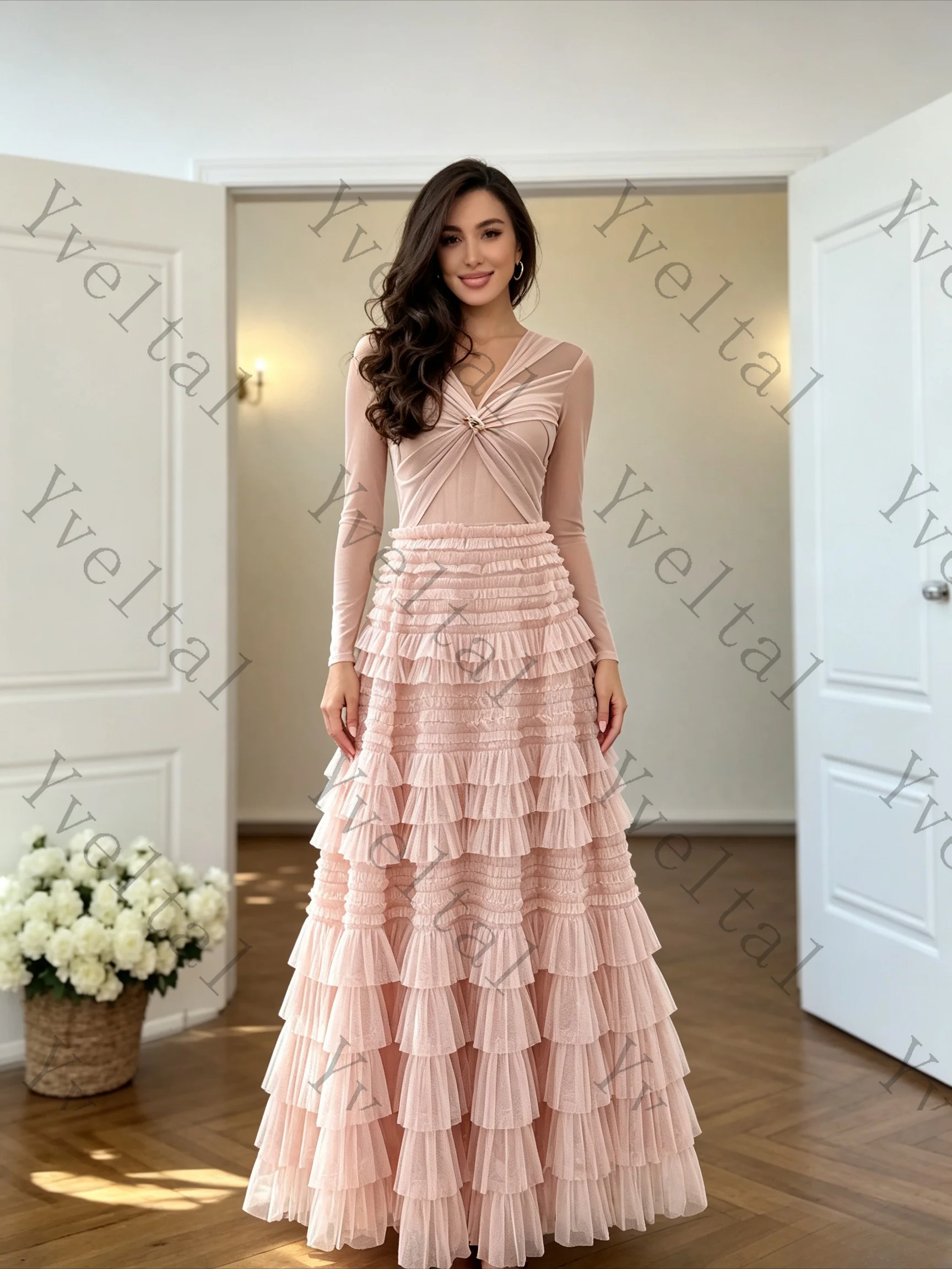 Customized V-Neck Crisscross Tiered Ruffle Dress Full Sleeve High Waist Sheer Patchwork Gown for After Party Special Occasions