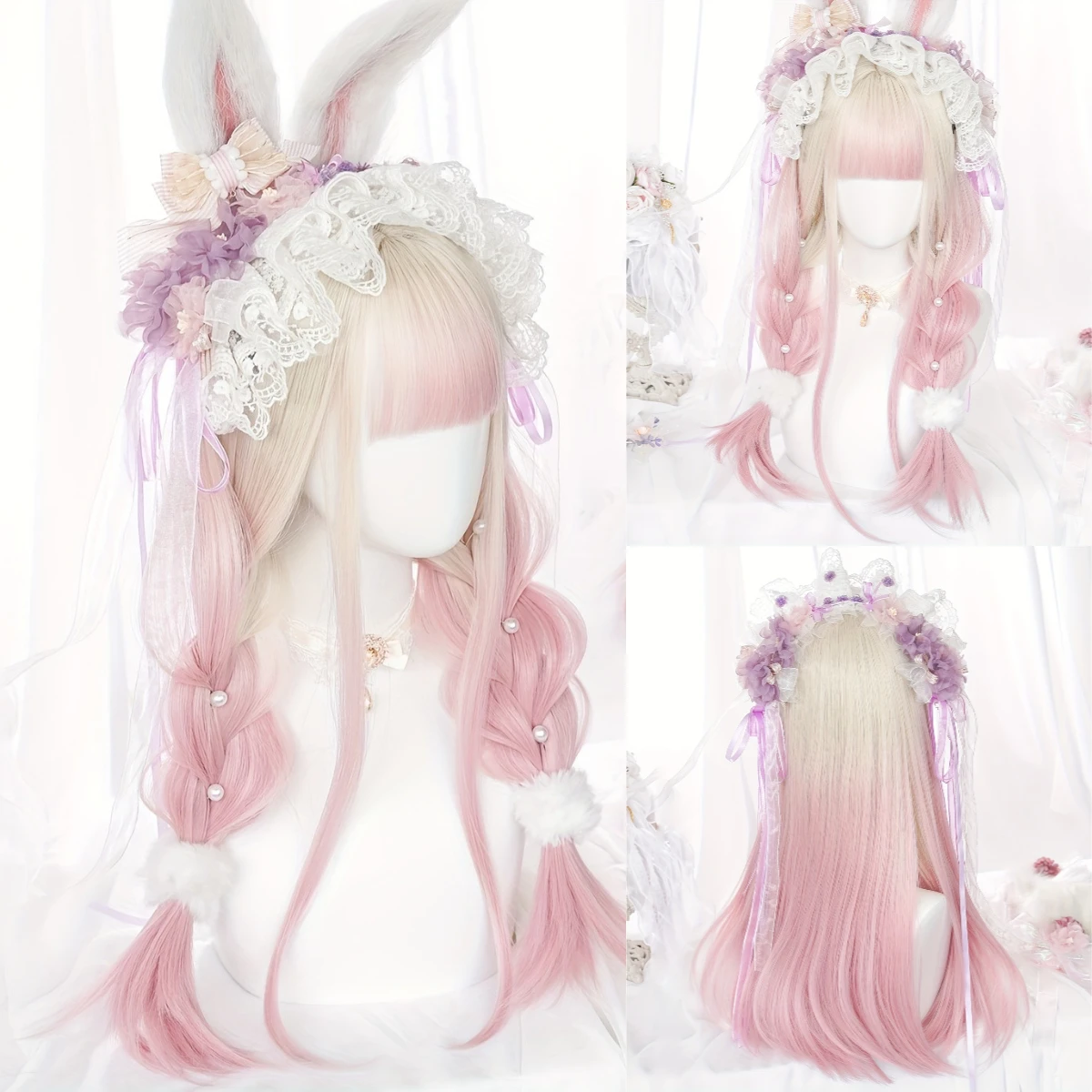 

Synthetic Long Straight Gold Gradient Pink Wig with Bangs for Woman Daily Cosplay Lolita Party Fake Hair Heat Resistant