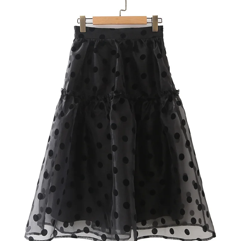 Autumn New Polka Dot Retro Gentle and Elegant Pleated High Waist Slim Body Organza Flocking Polka Dot Black Skirt Streetwear