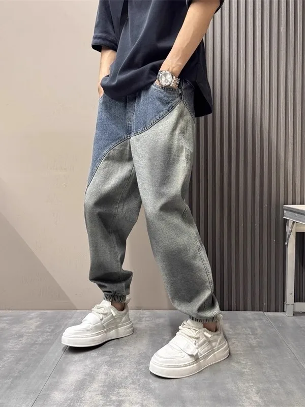 

Loose Fit Color Block Retro Style Men's Jeans American Harajuku Trousers Autumn New Arrival Casual Polyester Fiber