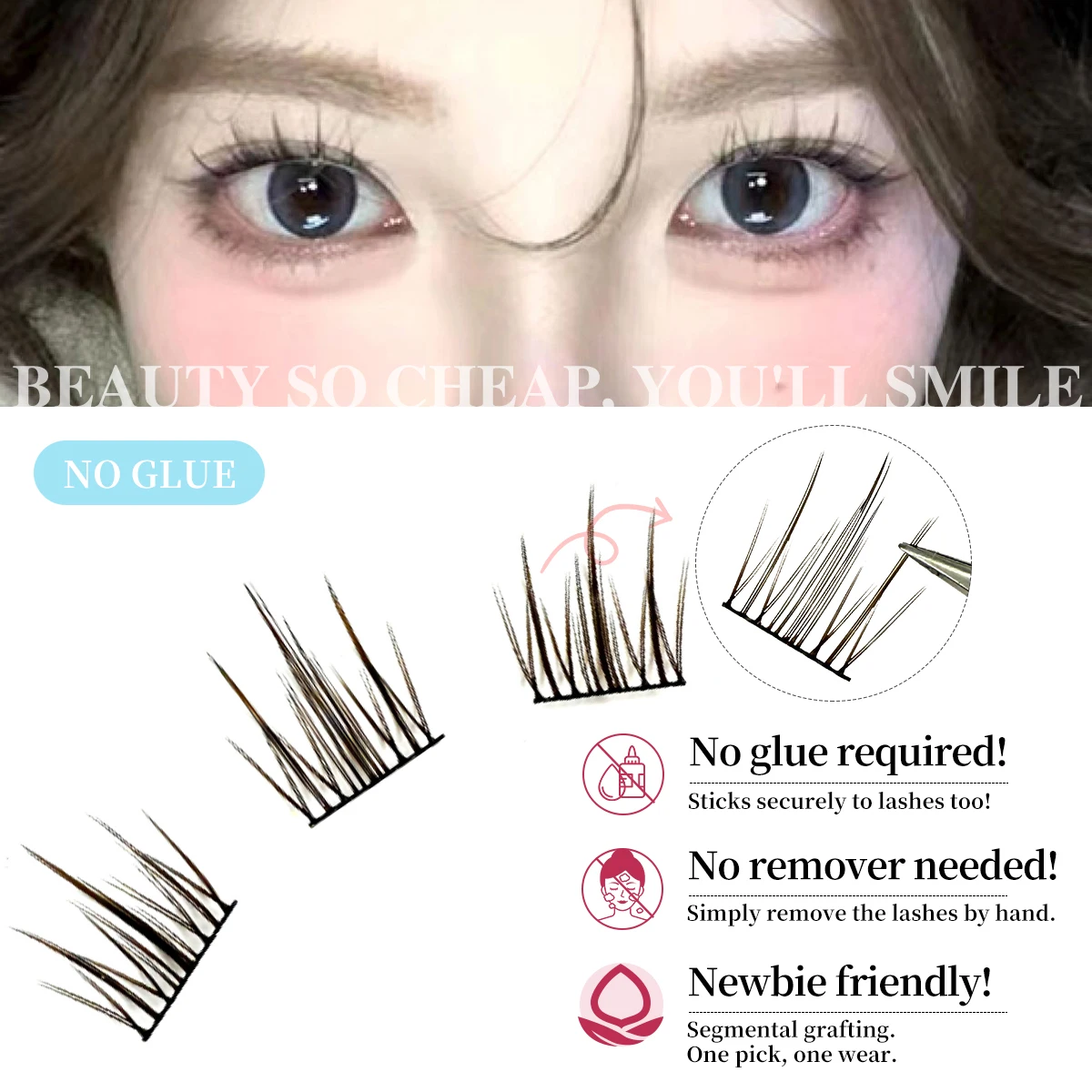 Selbstklebende Wimperncluster für Anfänger, kein Kleber, einzelne Wimpern, einfach aufzutragen, wiederverwendbar für einen natürlichen, flauschigen Look