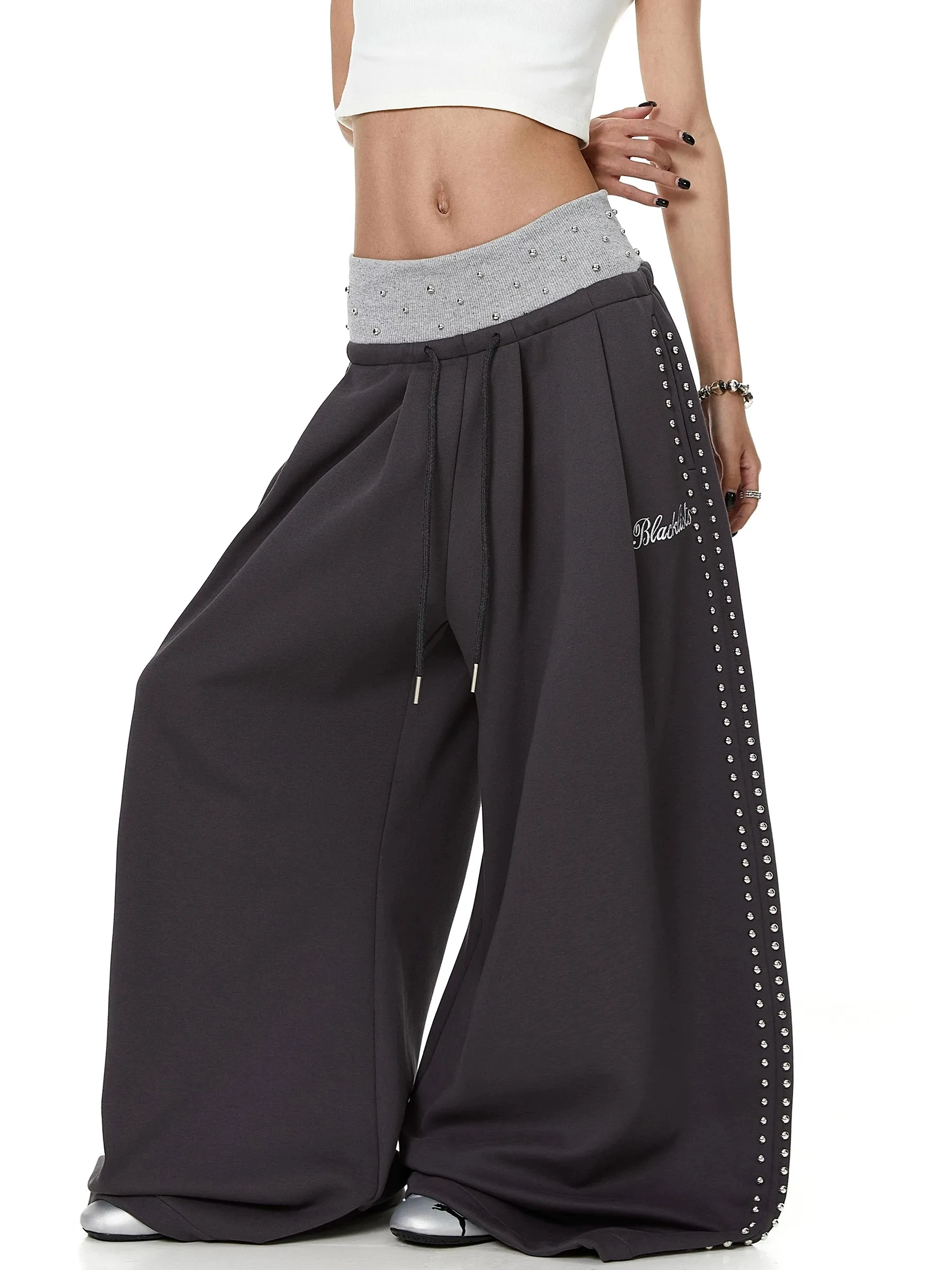 American Style Loose Fit Embroidered Color Block Design Casual Pants Women's Jazz Dance Wide Leg Pants Comfortable Breathable