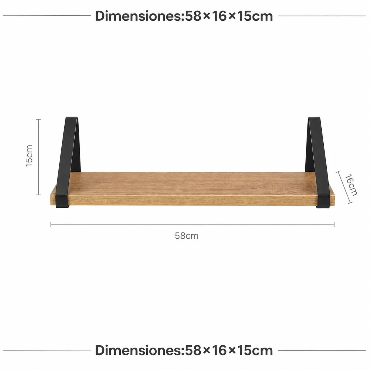 Étagère murale flottante 58x16x15cm en MDF et fer noir, étagère décorative pour salle de bain, salon et chambre, organisateur de rangement moderne avec supports métalliques