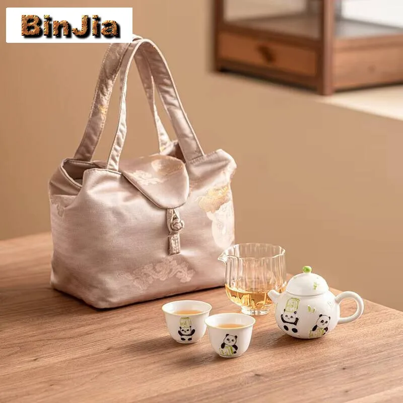 

Hand-Painted Panda Wealth Travel Tea Set Household Portable Brocade Bag Zen 1 Pot 2 Cups Making Handbag Collections
