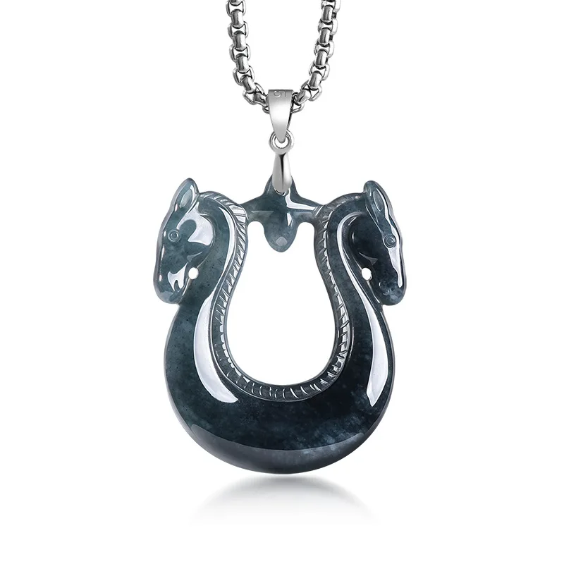 Natural A-grade Jadeite Double Horse Pendant With Concentric Lock Ice Black Chicken S925 Silver Inlaid Jade Personalized Hip-hop