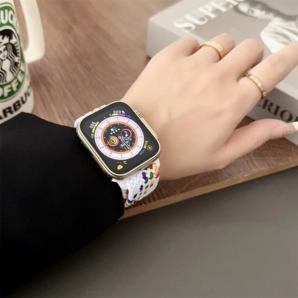 Bracelet Solo Loop Tressé en Nylon pour Apple Watch 9 8 7, Bande 45mm 41mm Ultra2 49mm, Bracelet Magnétique iWatch 6 5 4 se2 44mm 40mm, Ceinture