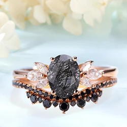 Black Rutilated Quartz Wedding Rings for Women Natural Black Stone Crown Shaped Rose Gold Plated Ring Engagement Jewelry Gift
