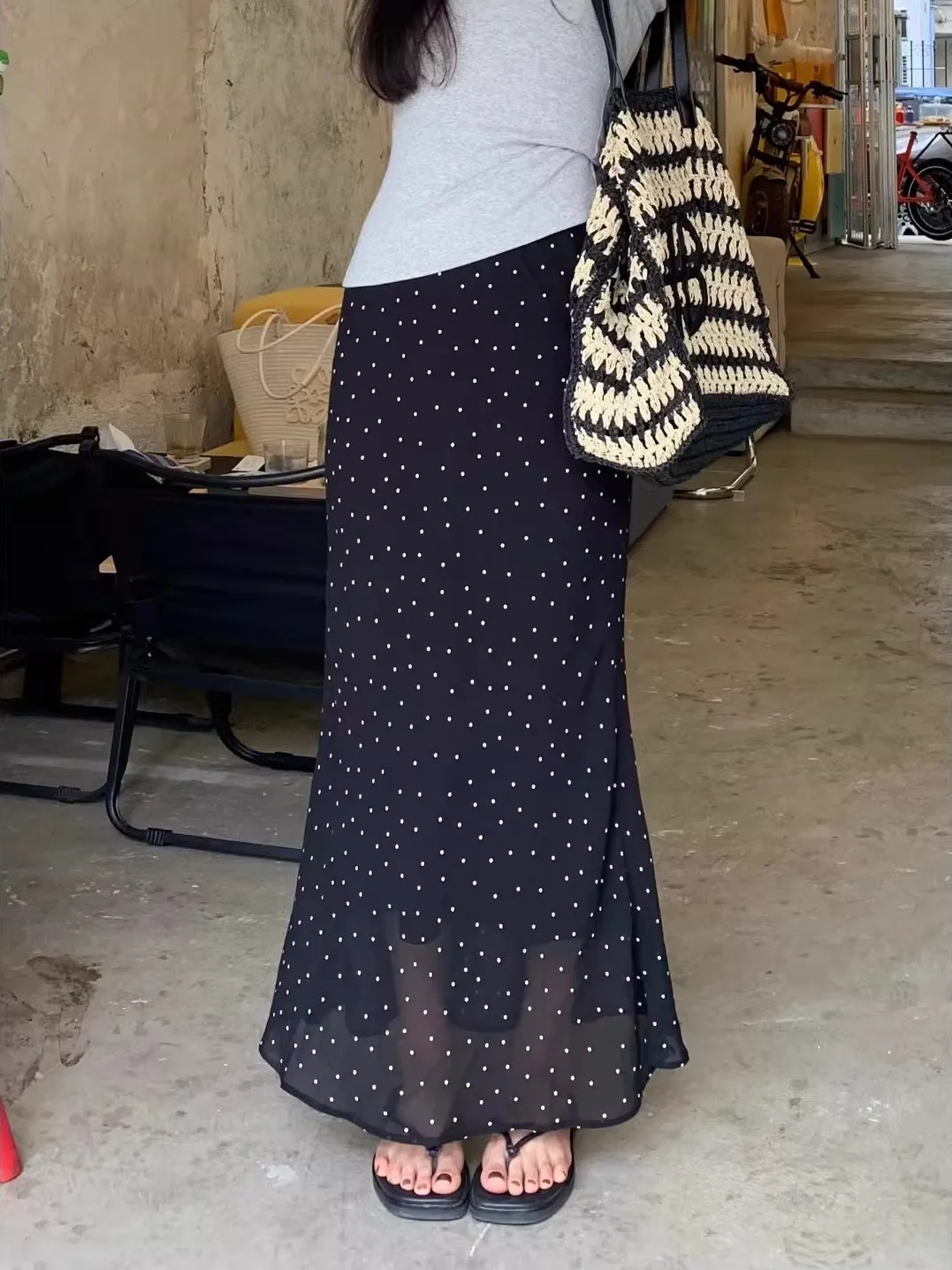 Black Polka Dot Chiffon Wrap around High Waist Half Body Skirt Women's Slimming Fashionable Summer New Style Long Fish Tail S...
