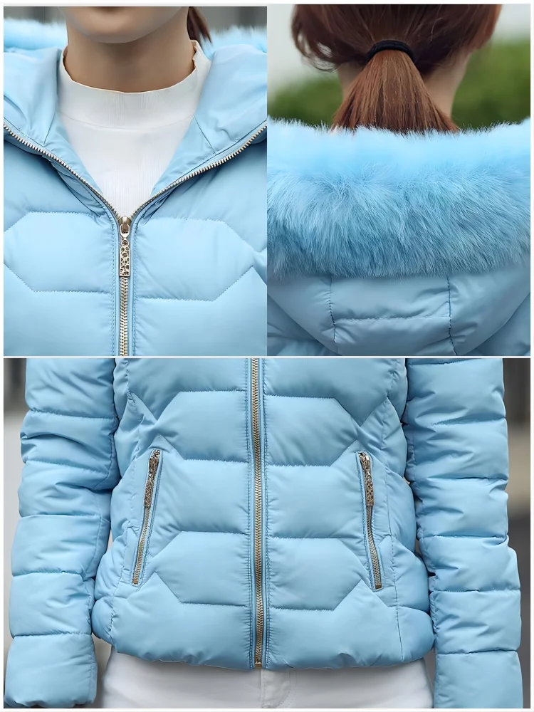 Women\'s Winter Jacket Padding Down Cotton Jacket New Korean Fashion Parkas Hooded Short Fur Collar Coat Warm Winter Coat Women