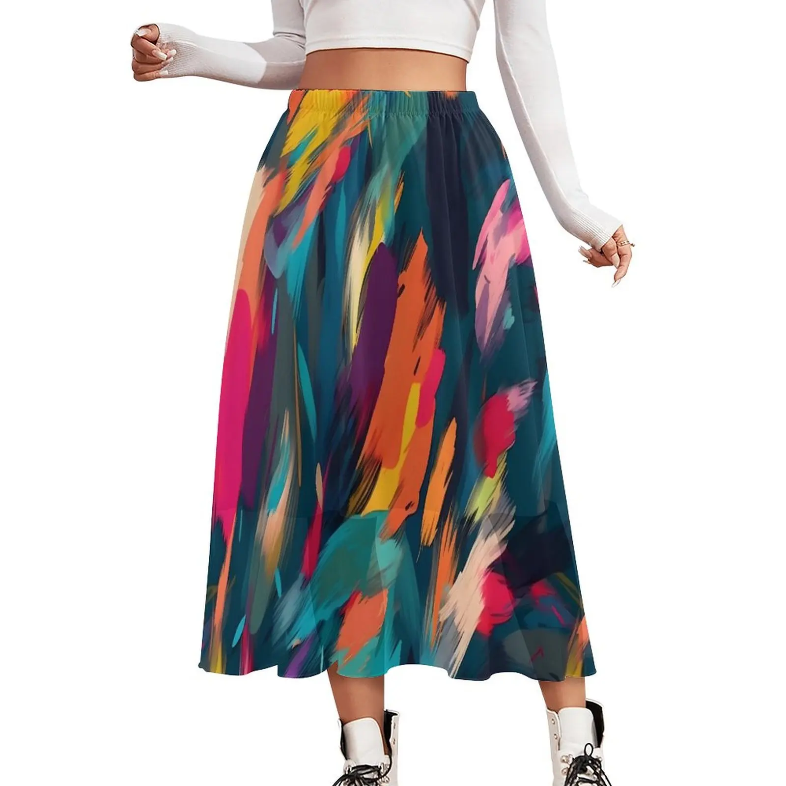 Colorful Brush Print Skirt Abstract Art Trendy Long Skirts Summer Street Style High Waist Chiffon Custom Big Size Casual Skirt