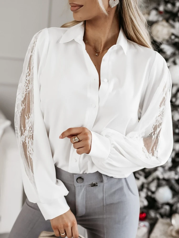 Lace Shirts & Blouses Fashion Woman Blouse Long Sleeve Tops Elegant White Shirt Youthful Clothes For Women 2024 New Arrivals