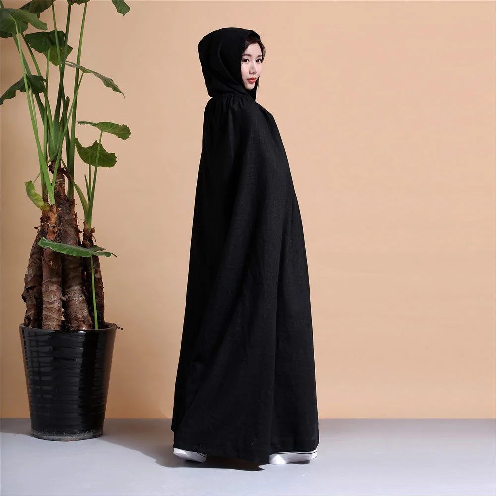 Mantello nero Hanfu Cappotto lungo in stile cinese allentato da donna in ramia con cappello Costume da mago per uscire Cappotto casual con lacci Primavera