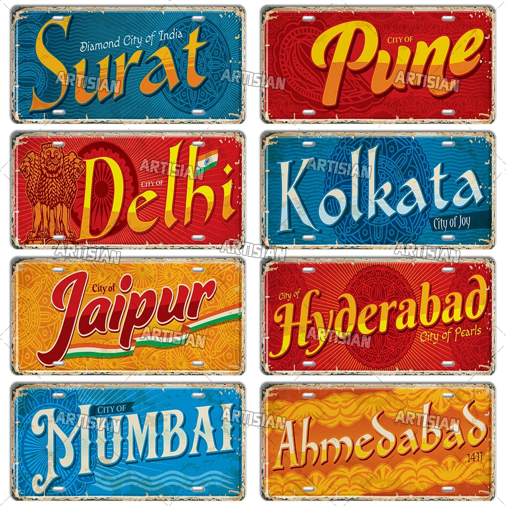Artisian Ctiy License Plate State INDIA Province Metal Sign Landmark Travel Car Plate Decorative Tin Plaque Wall Decor Garage