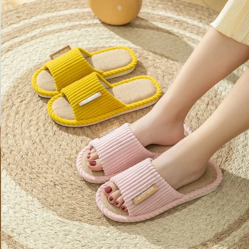 House Striped Slippers Women Autumn Linen Flip Flops Couples Indoor Non Slip Sandals Home Guest Shoes male Flat Flax Sneaker