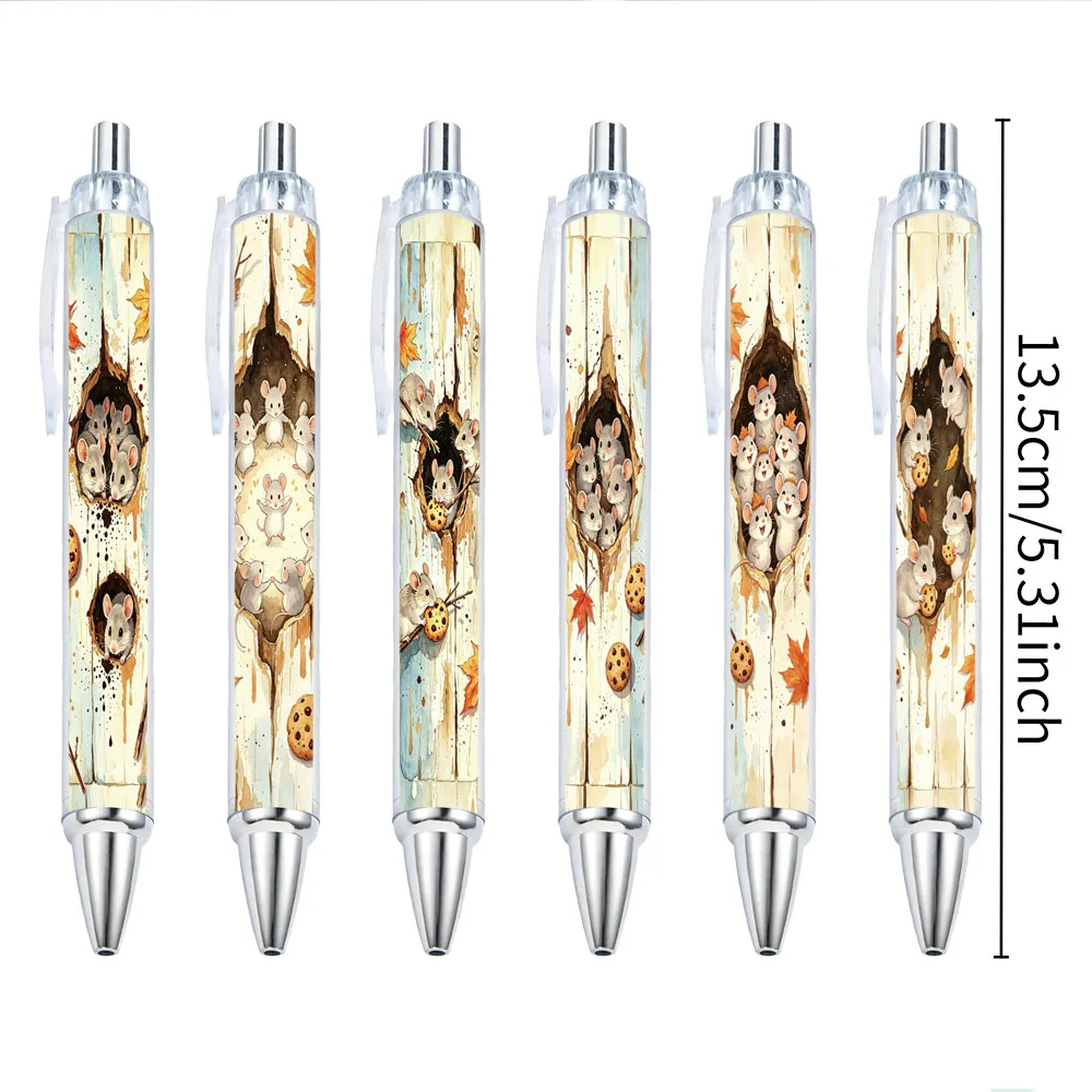 6Pcs Tree Hole Mouse Theme Retractable Ballpoint Pens Holiday Gift Pens with Random Patterns