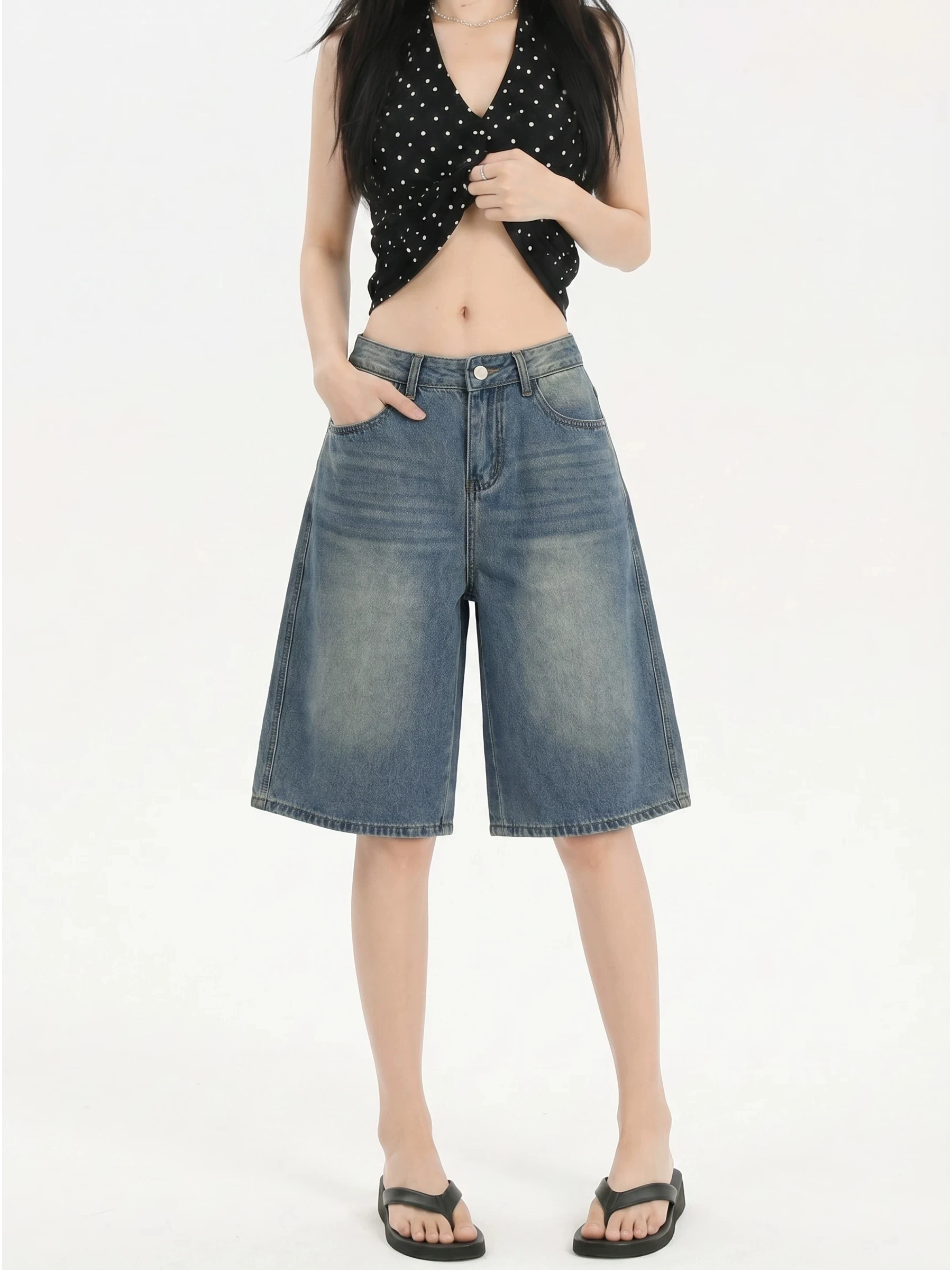 

High Waist Loose Fit Blue Denim Wide Leg Pants Women's Casual Vintage Style Five Pocket Soft Cotton Breathable Summer Jeans