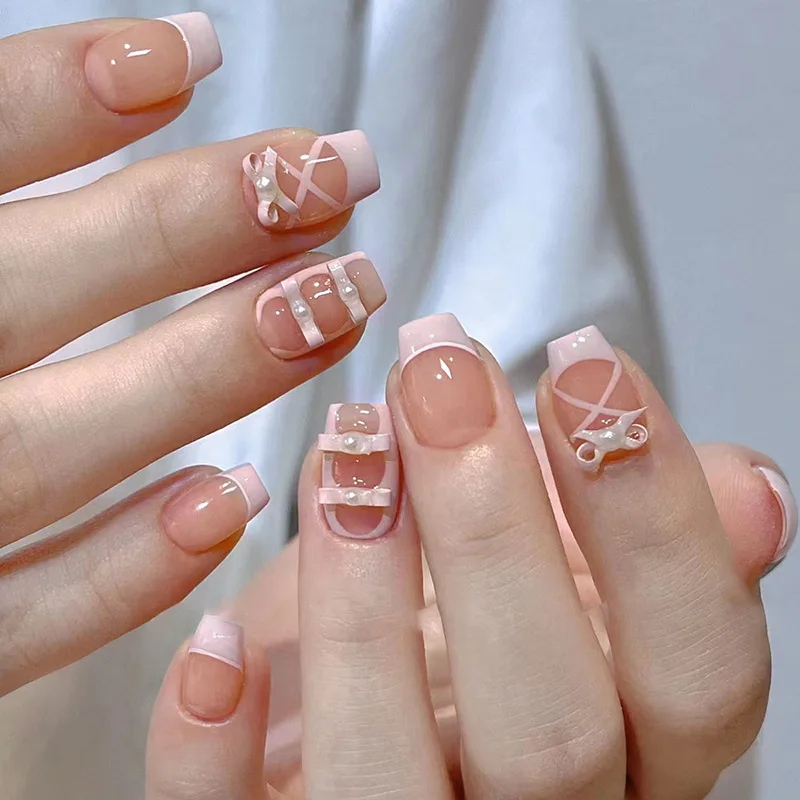 

24pcs Pink French False Nails Art for Girls Sweet Cute Short Ballet Fake Nail Sets Finished with Bow Pearl Design Press on Nails
