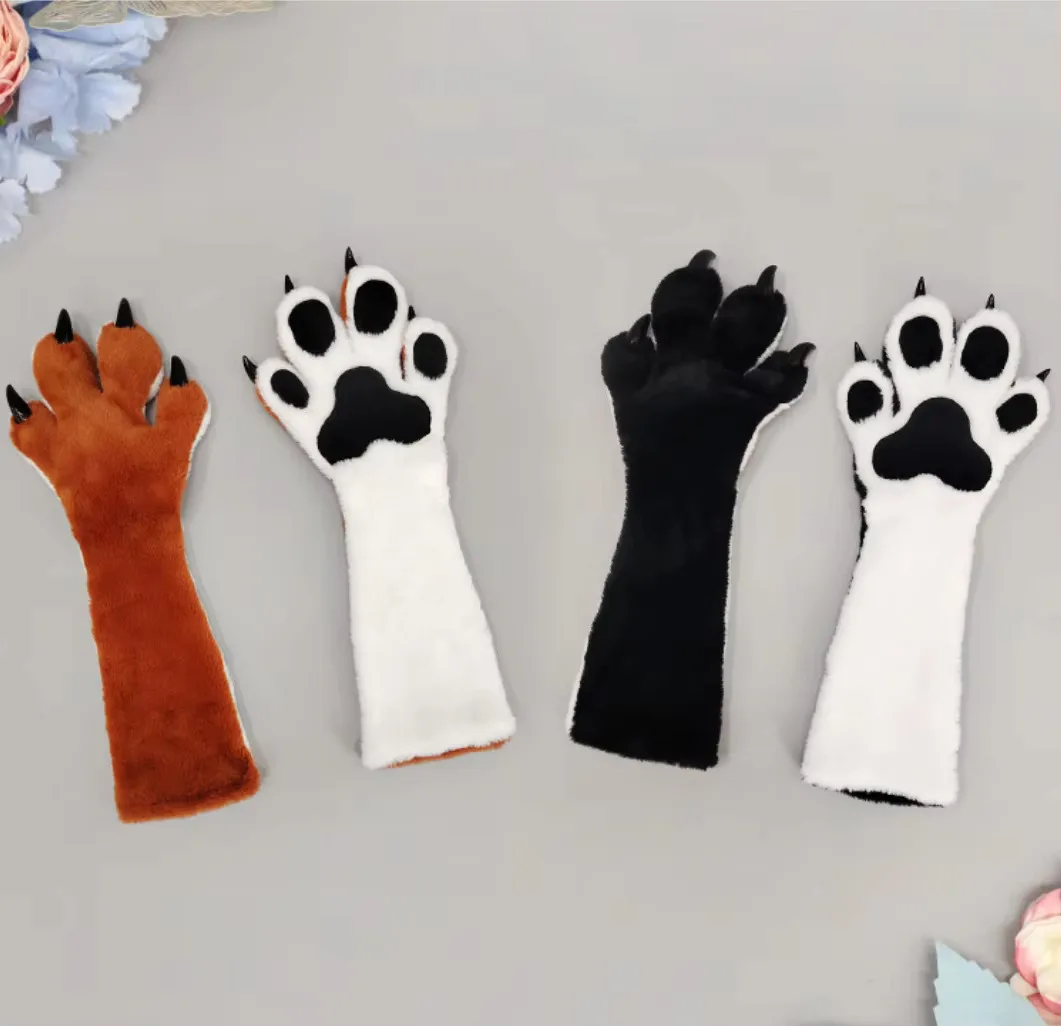 Furry Paw Gloves 4 Finger Squeaker 3D Pads Fursuit Cosplay Kigurumi Hand Cat Fox Claws Therian Halloween Black White Brown Pink